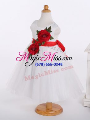 Affordable White Scoop Neckline Bowknot and Hand Made Flower Toddler Flower Girl Dress Sleeveless Zipper