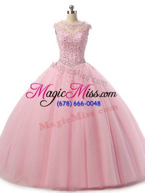 Floor Length Lace Up Ball Gown Prom Dress Baby Pink for Military Ball and Sweet 16 and Quinceanera with Beading and Lace