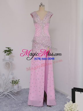 Column/Sheath Dress for Prom Lilac V-neck Chiffon Short Sleeves Floor Length Backless