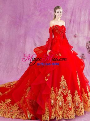 Luxury Court Train Ball Gowns 15 Quinceanera Dress Red Off The Shoulder Tulle Sleeveless Lace Up