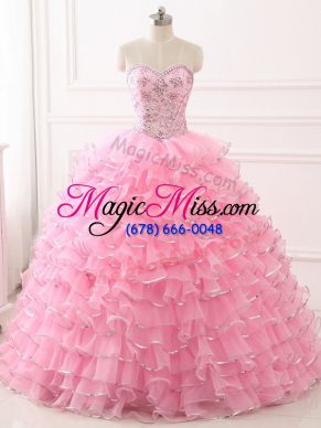 Dazzling Baby Pink Lace Up Sweetheart Beading and Ruffled Layers Quinceanera Gown Organza Sleeveless Sweep Train