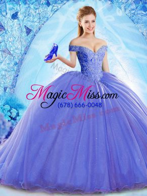 Blue Lace Up Off The Shoulder Beading Sweet 16 Quinceanera Dress Organza Sleeveless Brush Train