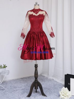 Beautiful Long Sleeves Elastic Woven Satin Mini Length Zipper Prom Dress in Wine Red with Beading and Appliques
