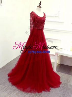 Modern Wine Red Long Sleeves Tulle Brush Train Zipper Celebrity Dresses for Prom and Party