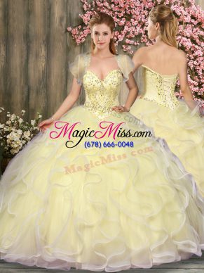 Gorgeous Sleeveless Tulle Floor Length Lace Up Quinceanera Dresses in Light Yellow with Beading and Ruffles