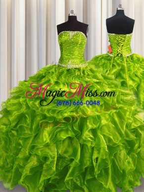 Excellent Olive Green Strapless Lace Up Beading and Ruffles Sweet 16 Dresses Sleeveless