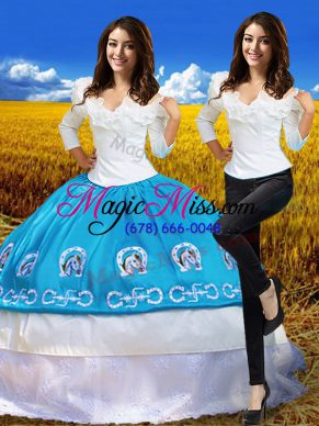 Customized Floor Length Blue And White Quinceanera Gown Off The Shoulder 3 4 Length Sleeve Lace Up