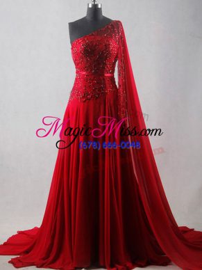 Edgy Wine Red Dress for Prom Chiffon Court Train Sleeveless Beading and Belt