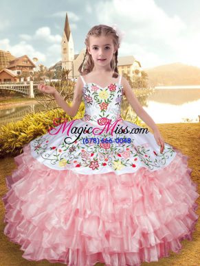 Straps Sleeveless Organza and Taffeta Little Girl Pageant Gowns Embroidery and Ruffled Layers Lace Up