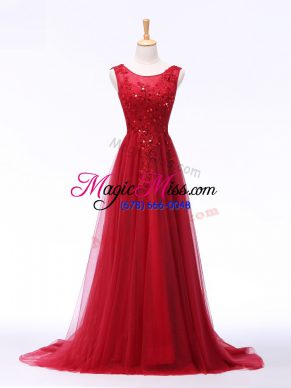 Red Empire Scoop Sleeveless Tulle Brush Train Lace Up Lace and Appliques Evening Party Dresses