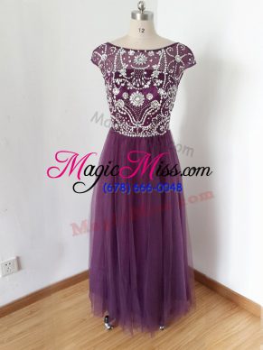 Eggplant Purple Scoop Zipper Beading Dress for Prom Short Sleeves