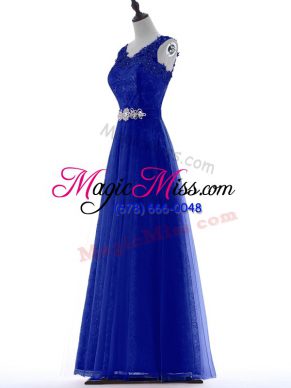 Exquisite Floor Length Royal Blue Evening Dress V-neck Sleeveless Zipper