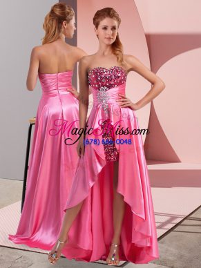 Rose Pink Elastic Woven Satin Zipper Sweetheart Sleeveless High Low Prom Evening Gown Beading and Sequins and Ruching