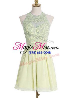 Chiffon Halter Top Sleeveless Lace Up Appliques Bridesmaid Dress in Light Yellow