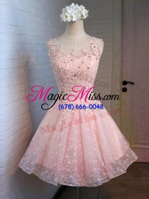 Exceptional Pink Lace Lace Up Scoop Sleeveless Mini Length Prom Dresses Lace and Appliques