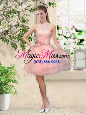 Glamorous Peach A-line Halter Top Sleeveless Tulle Knee Length Lace Up Lace and Belt Dama Dress
