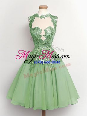 Green A-line Chiffon High-neck Sleeveless Lace Knee Length Lace Up Bridesmaid Gown