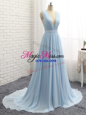 Shining Sleeveless Chiffon Brush Train Backless Prom Gown in Light Blue with Ruching and Belt