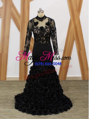 Fancy Black Mermaid Beading and Lace and Appliques and Hand Made Flower Mother of Bride Dresses Backless Fabric With Rolling Flowers Long Sleeves