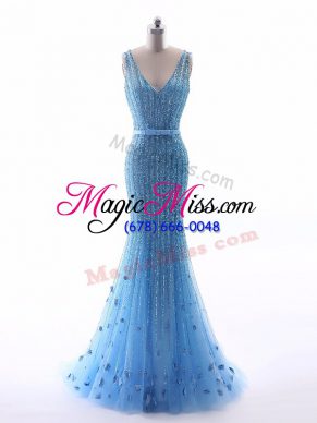 Sleeveless Tulle Floor Length Zipper Formal Evening Gowns in Baby Blue with Beading and Belt and Hand Made Flower