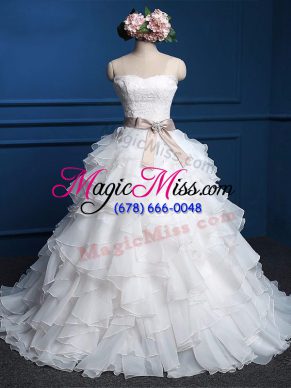 Simple Floor Length Lace Up Wedding Dresses White for Wedding Party with Lace and Ruffles