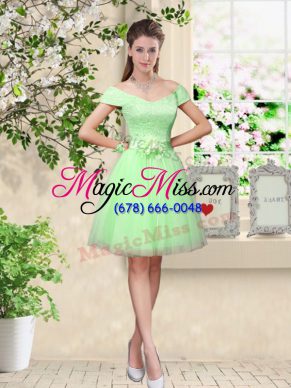 Apple Green V-neck Lace Up Lace and Belt Wedding Party Dress Cap Sleeves