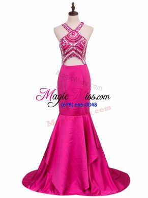 Hot Pink Mermaid V-neck Sleeveless Elastic Woven Satin Brush Train Backless Beading Red Carpet Gowns