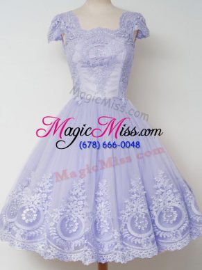 Lavender Square Neckline Lace Dama Dress for Quinceanera Cap Sleeves Zipper