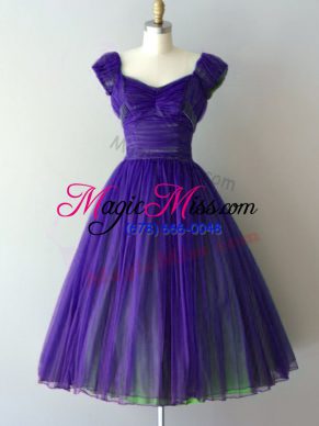 Customized Knee Length Lace Up Bridesmaid Dresses Purple for Prom and Party and Sweet 16 with Ruching