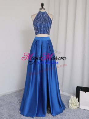 Traditional Royal Blue Sleeveless Elastic Woven Satin Zipper Prom Dresses for Prom and Party and Wedding Party