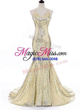 Straps Sleeveless Brush Train Backless Prom Gown Gold Sequined