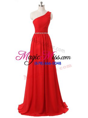 Comfortable Red Sleeveless Beading and Ruching Floor Length Bridesmaids Dress