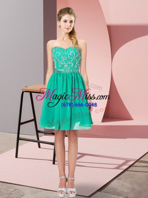 Turquoise Empire Beading Prom Party Dress Lace Up Chiffon Sleeveless Knee Length
