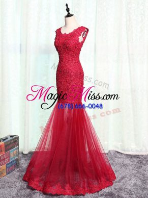 Attractive Floor Length Red Mother Of The Bride Dress Tulle Sleeveless Lace and Appliques