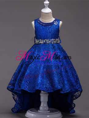 Flirting Royal Blue Scoop Neckline Beading Flower Girl Dresses for Less Sleeveless Lace Up