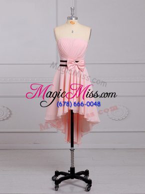 Strapless Sleeveless Lace Up Wedding Guest Dresses Baby Pink Chiffon