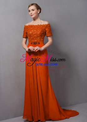 Chiffon Off The Shoulder Short Sleeves Sweep Train Zipper Lace Mother Of The Bride Dress in Orange