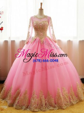 Unique Pink Ball Gowns Organza Scoop Long Sleeves Appliques Floor Length Lace Up Quinceanera Gowns
