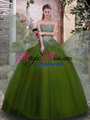 Olive Green Ball Gowns Strapless Sleeveless Tulle Floor Length Lace Up Beading Quince Ball Gowns