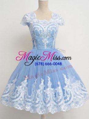 Exceptional Square Cap Sleeves Zipper Wedding Party Dress Light Blue Tulle