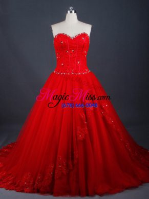 Amazing Lace Up Wedding Dress Red for Wedding Party with Appliques Brush Train