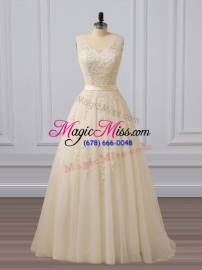 Champagne Sleeveless Lace and Appliques Lace Up Evening Dress