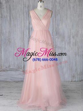 Fashionable Baby Pink Sleeveless Lace Floor Length Bridesmaid Gown