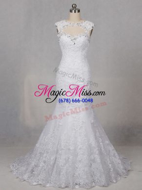 Amazing White Scoop Backless Beading and Lace Wedding Gown Brush Train Sleeveless