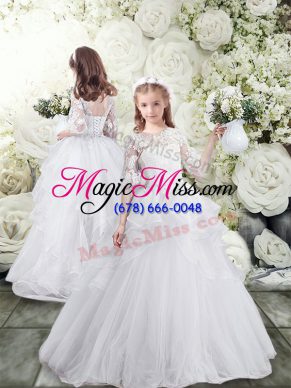 Amazing White Ball Gowns Scoop Half Sleeves Tulle Brush Train Lace Up Lace and Ruffles Flower Girl Dresses for Less