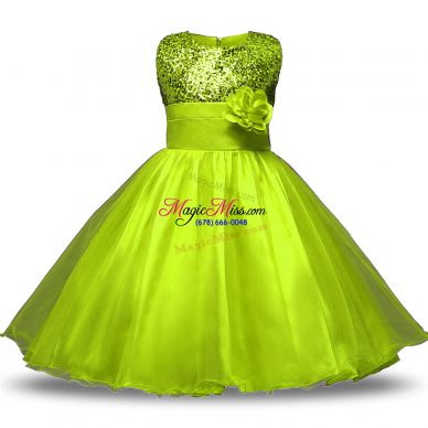 Olive Green Zipper Scoop Bowknot and Belt and Hand Made Flower Flower Girl Dresses Organza and Sequined Sleeveless