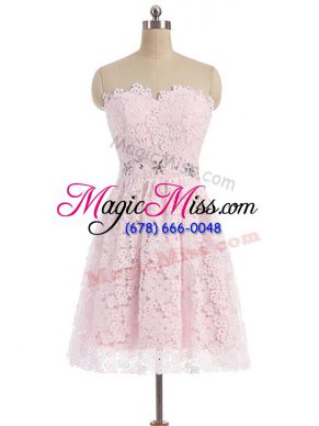 Pink Zipper Evening Dress Beading and Lace Sleeveless Mini Length