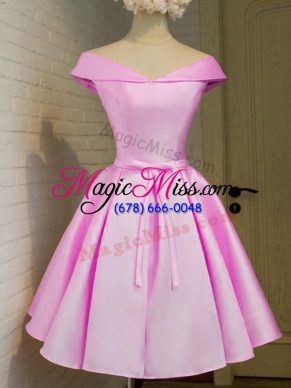 Nice Lilac A-line Taffeta Off The Shoulder Cap Sleeves Belt Knee Length Lace Up Bridesmaid Dresses