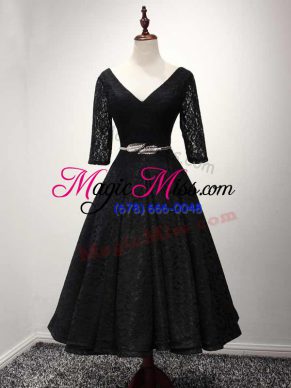 Black Homecoming Dress Prom and Sweet 16 and Quinceanera with Lace and Belt V-neck Half Sleeves Lace Up