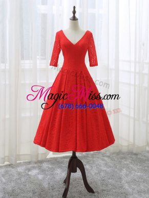 Trendy Red Lace Up V-neck Lace and Appliques Prom Evening Gown Lace Half Sleeves